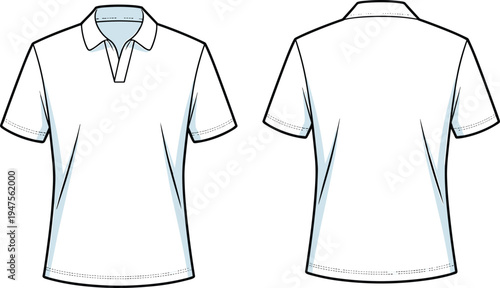 Short Sleeve Polo Shirt Technical Flat Sketch Vector Template with V Neck Collar for Fashion Design CAD Tech Pack Mockup