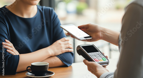 Contactless payment with smartphone at cafe, customer paying bill using nfc technology
