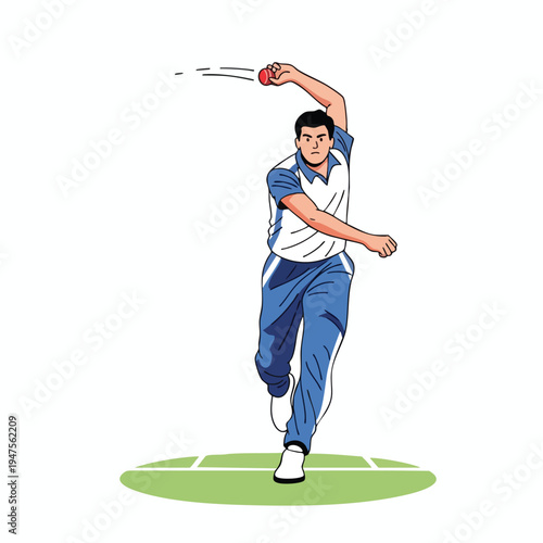 A male bowler in mid-action throws a red ball during a cricket match