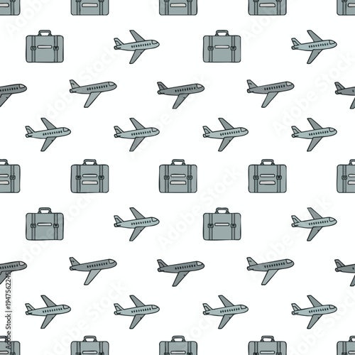 Repeat pattern of airplanes and luggage against a white background