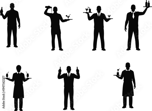 Waiter bartender silhouette collection serving drinks with tray and bottles, restaurant hospitality staff vector set isolated for bar service design
