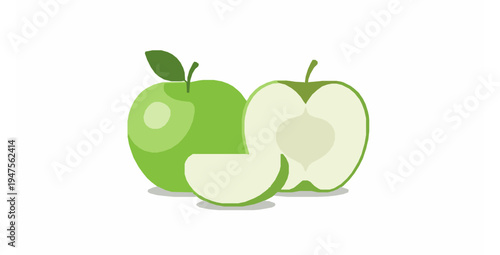 Minimal green apple fruit set whole half and slice isolated vector illustration