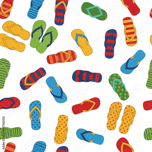 A seamless pattern of colorful, flat flip-flops on a white background
