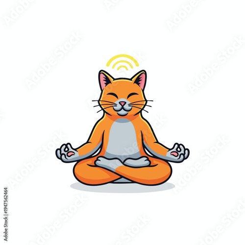 An orange cat meditating in a lotus position with its eyes closed
