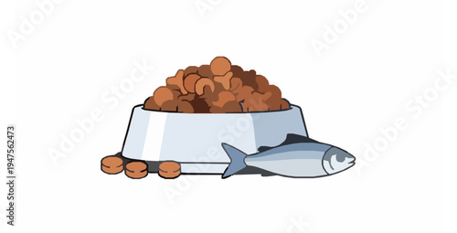 Cat dry food with fish isolated flat vector illustration on white background