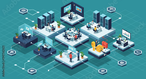 Isometric Concept of Global Data Network and Cloud Server Infrastructure with Connected Business Workspace