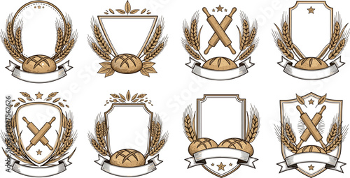 Vintage bakery emblem collection with wheat bread loaves rolling pins and heraldic badge frames for bakery branding design