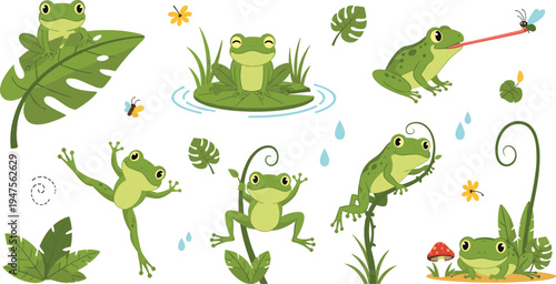 Cute cartoon frogs collection with lily pads insects leaves and pond plants playful amphibian wildlife illustration set