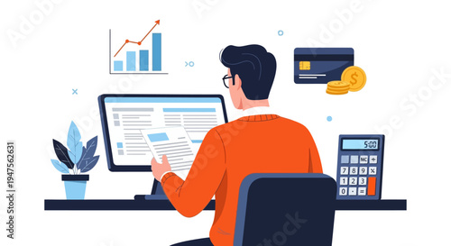 Financial Analyst Managing Budget and Business Investments with Computer and Calculator Illustration - Accounting and Bookkeeping Concept