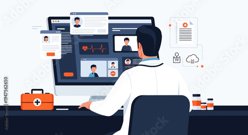 Telemedicine and Online Healthcare Concept with Doctor Consulting Patients via Video Call on Computer Screen, Flat Vector Illustration for Digital Health Services