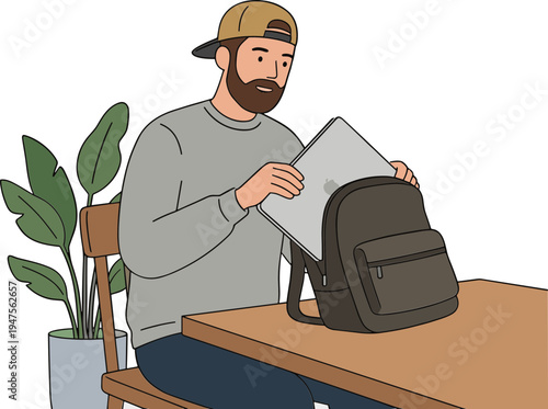 Man sitting at a desk unpacking a laptop from a brown backpack indoors