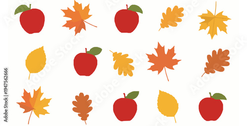 Red apples with autumn leaves seamless pattern flat vector illustration