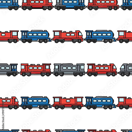 Several lines of cartoon trains with red, blue, and gray cars are horizontally aligned