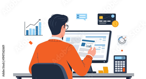 Financial Analyst Working on Business Data Analysis and Budgeting Illustration - Accountant Managing Money and Investments at Desk