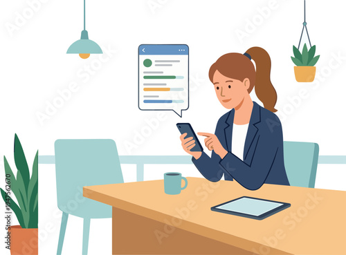 Woman sitting at a table uses her phone with a tablet nearby indoors