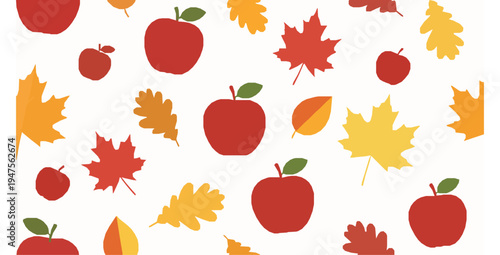 Autumn red apples and leaves seamless flat vector illustration pattern