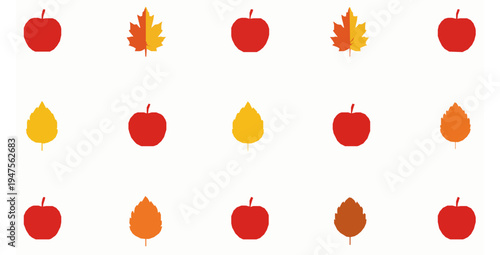 Decorative red apples and fall leaves pattern flat vector illustration isolated