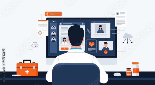 Telemedicine and Remote Healthcare Concept Illustration with Doctor Consulting Patients via Online Video Call on Computer Screen