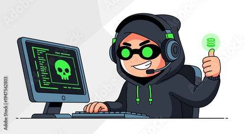 Cartoon Hacker with Headphones and Skull Screen.