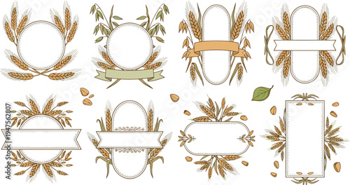 Vintage wheat frame and banner collection with grain ears leaves and rustic bakery badge borders for organic food labels