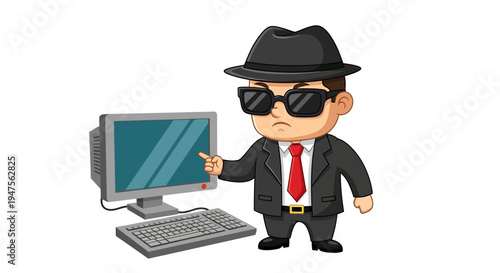 Cartoon Man in Suit Sunglasses Hat Computer.