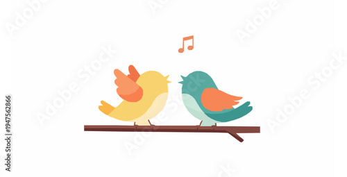Two birds singing together on branch spring vector illustration isolated