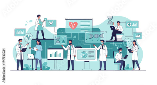 Modern Medical Technology and Digital Healthcare Illustration Featuring Doctors and Scientists Analyzing Data, DNA, and Patient Metrics in a Laboratory Setting