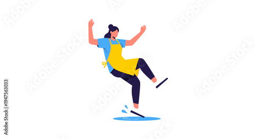 Flat Vector Illustration of a Woman in an Apron Slipping on a Wet Floor Puddle, Representing Workplace Accident and Safety Hazard