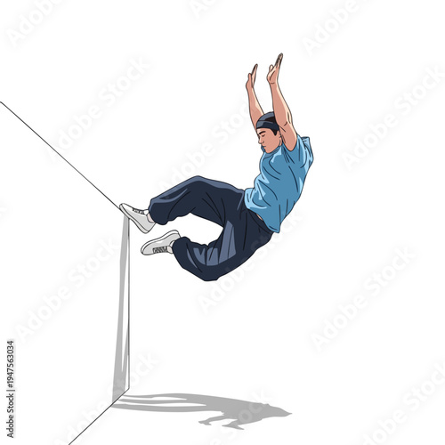 Young man performs a dynamic vault over a sharp corner on a white background