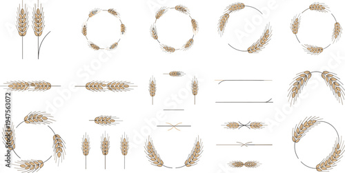 Wheat ears decorative elements collection with grain wreaths borders dividers and rustic agriculture design ornaments