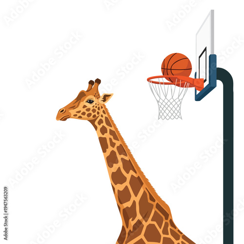 Giraffe's head near basketball hoop with ball in net