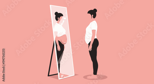 Woman Looking in Mirror and Seeing Herself Pregnant, Concept of Fertility and Motherhood Dreams, Minimalist Flat Illustration