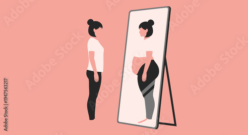 Body dysmorphia concept illustration showing a slim woman seeing an overweight reflection in the mirror, mental health and eating disorder awareness.