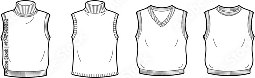Technical CAD drawing flat vector illustration of sleeveless knit vest tops featuring turtleneck V-neck and crew neck styles with ribbed trim.