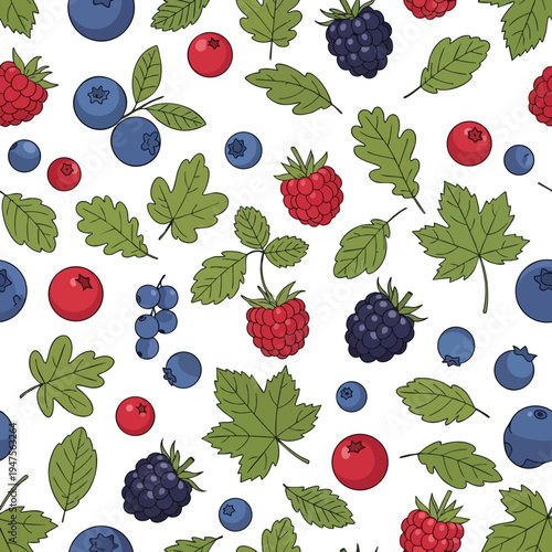 A cheerful seamless pattern of various colorful berries and green leaves