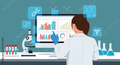 Female Scientist Analyzing Medical Research Data on Computer Screen, Laboratory Workspace with Microscope and Test Tubes, Flat Vector Illustration Concept