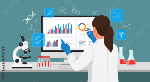 Female scientist analyzing medical research data and chemical formulas on a computer screen in a laboratory setting, vector illustration for biotechnology and healthcare concepts.
