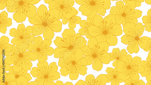 Seamless floral pattern featuring numerous bright yellow flowers with delicate petals and stamens overlapping on a white background.