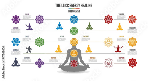 Chakra Energy Healing Infographic with Meditation Silhouettes and Spiritual Mandala Symbols for Holistic Wellness