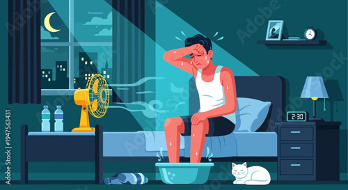 Man Struggling to Sleep During Summer Heatwave Night with Electric Fan and Water Basin, Insomnia and Global Warming Concept, Flat Illustration