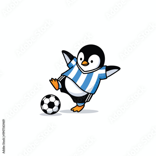 A playful penguin in a blue and white striped jersey kicks a soccer ball