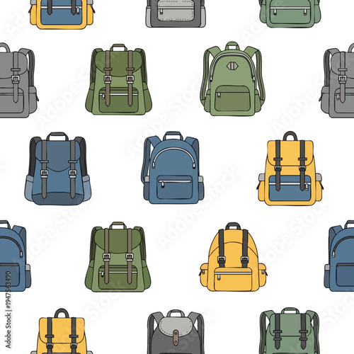 A repeating pattern of various colored backpacks with buckles and zippers