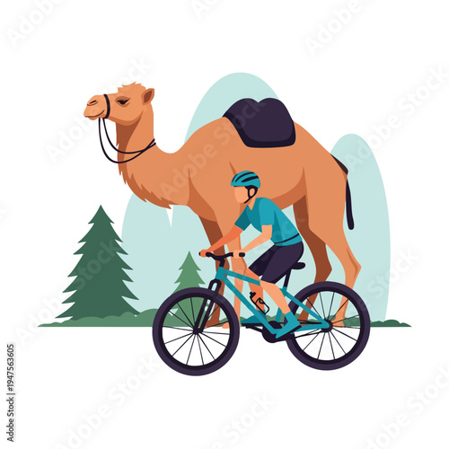 Cyclist rides past a camel in a stylized landscape with trees