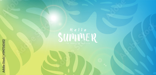 Hello Summer Green Blue Tropical Gradient Poster with Sun Flare, Leaf Silhouettes, and Seasonal Activity Typography
