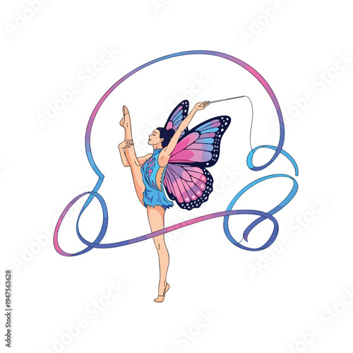 A graceful gymnast with butterfly wings performs with a colorful ribbon