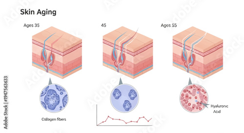 Skin Aging Medical Infographic Showing Collagen and Hyaluronic Acid Levels at Ages 35, 45, and 55 with Skin Layer Cross Sections