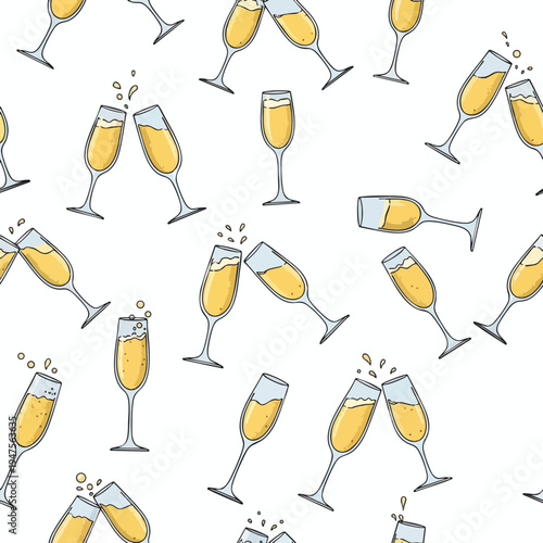 Festive champagne glasses clinking and splashing with bubbly liquid