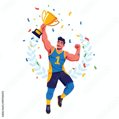 Victorious athlete leaps with trophy amidst confetti and laurels