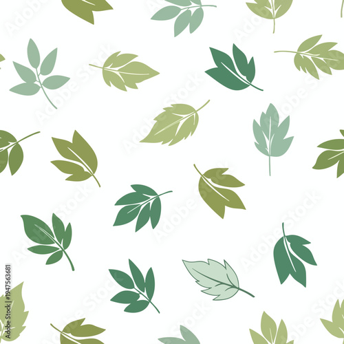 Scattered collection of simplified green leaves on a white background