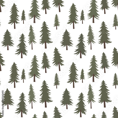 Scattered evergreen trees in various sizes on a white background